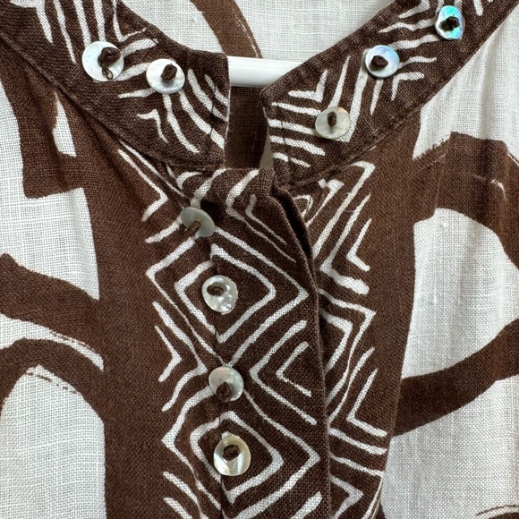 Laura Ashley Size 2X White Brown 3/4 Sleeve 100% Linen Beaded Tunic Blouse - Picture 5 of 7